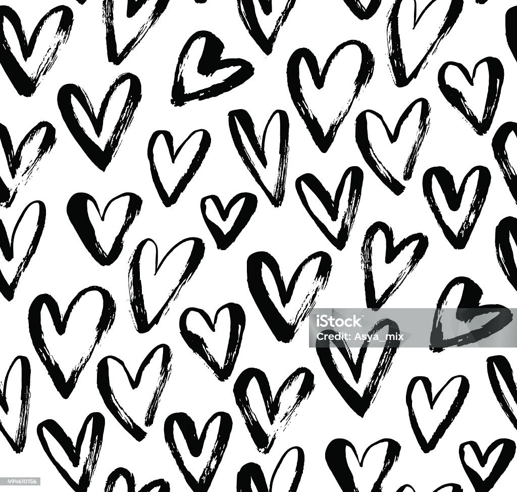 Abstract seamless heart pattern. Ink illustration. Black and white. Isolated on white. Heart Shape stock vector