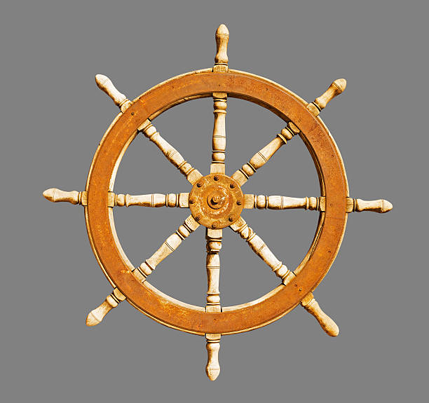 istock Old wooden steering wheel on white background 494613096