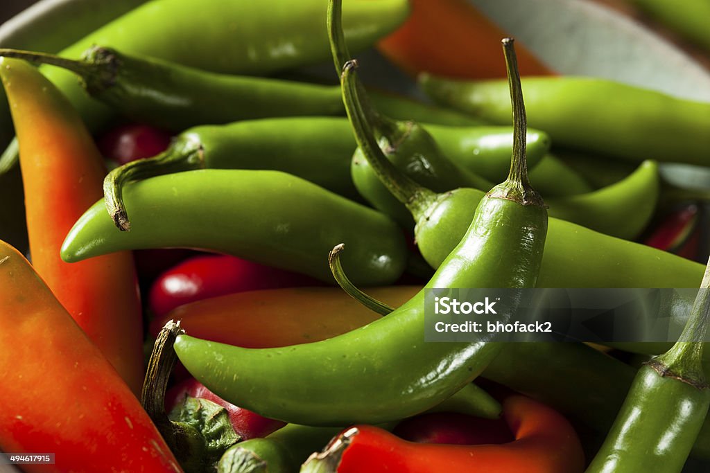 Organic Green Spicy Serrano Peppers Organic Green Spicy Serrano Peppers on a Background Serrano Chili Pepper Stock Photo