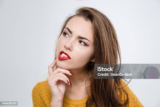 Thoughtful Woman Looking Away Stock Photo - Download Image Now - 2015, Adult, Adults Only