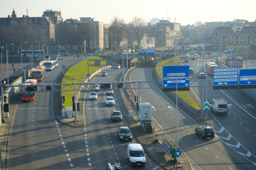 Amsterdam highway, aerial view on traffic . Netherlands