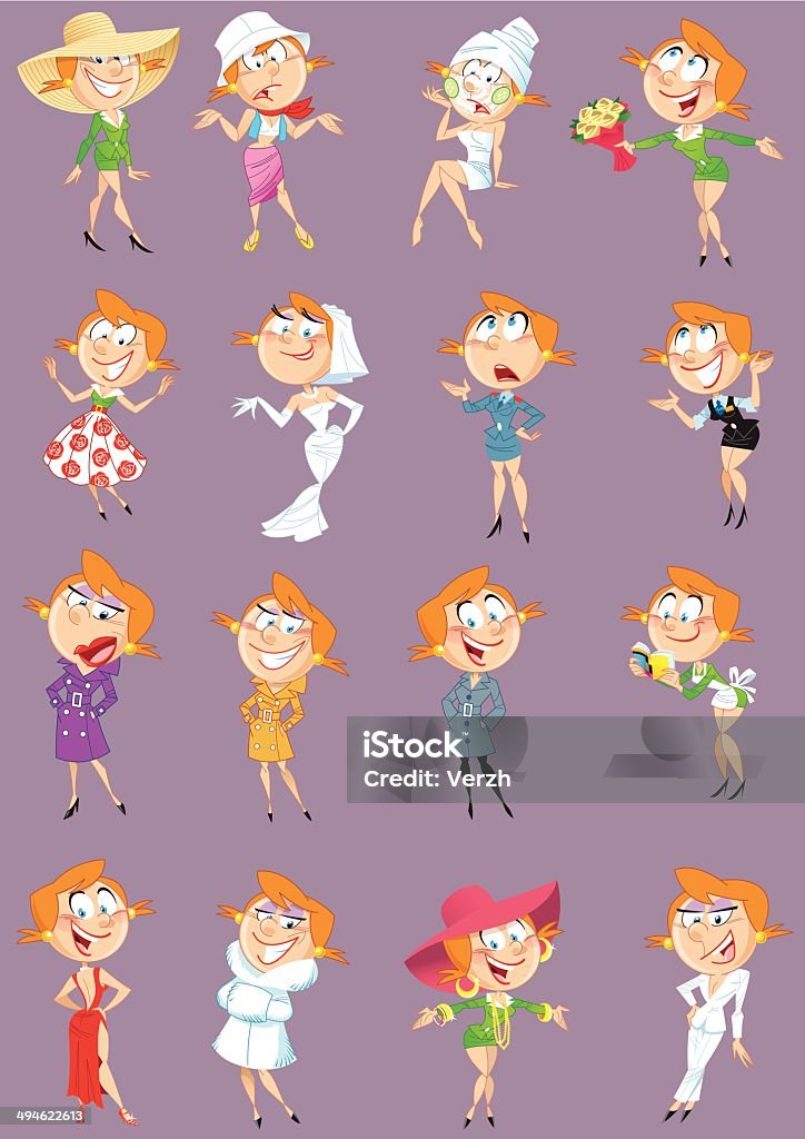 beautiful woman in various clothes The illustration shows a group of several poses beautiful woman in various fashionable clothes. Illustration done in cartoon style, on separate layers, isolated on lilac background. Active Lifestyle stock vector