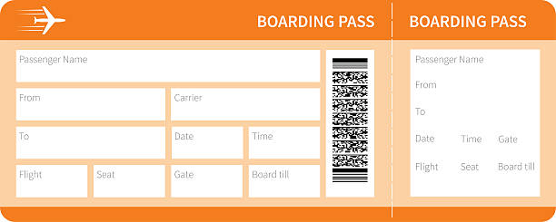 yellow boarding pass Airplane ticket blank space. yellow boarding pass coupon isolated on white background. Vector illustration airplane ticket stock illustrations