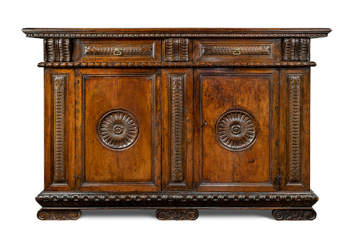 Italian old vintage antique buffet sideboard carved with  drawers  isolated on white with clipping path.