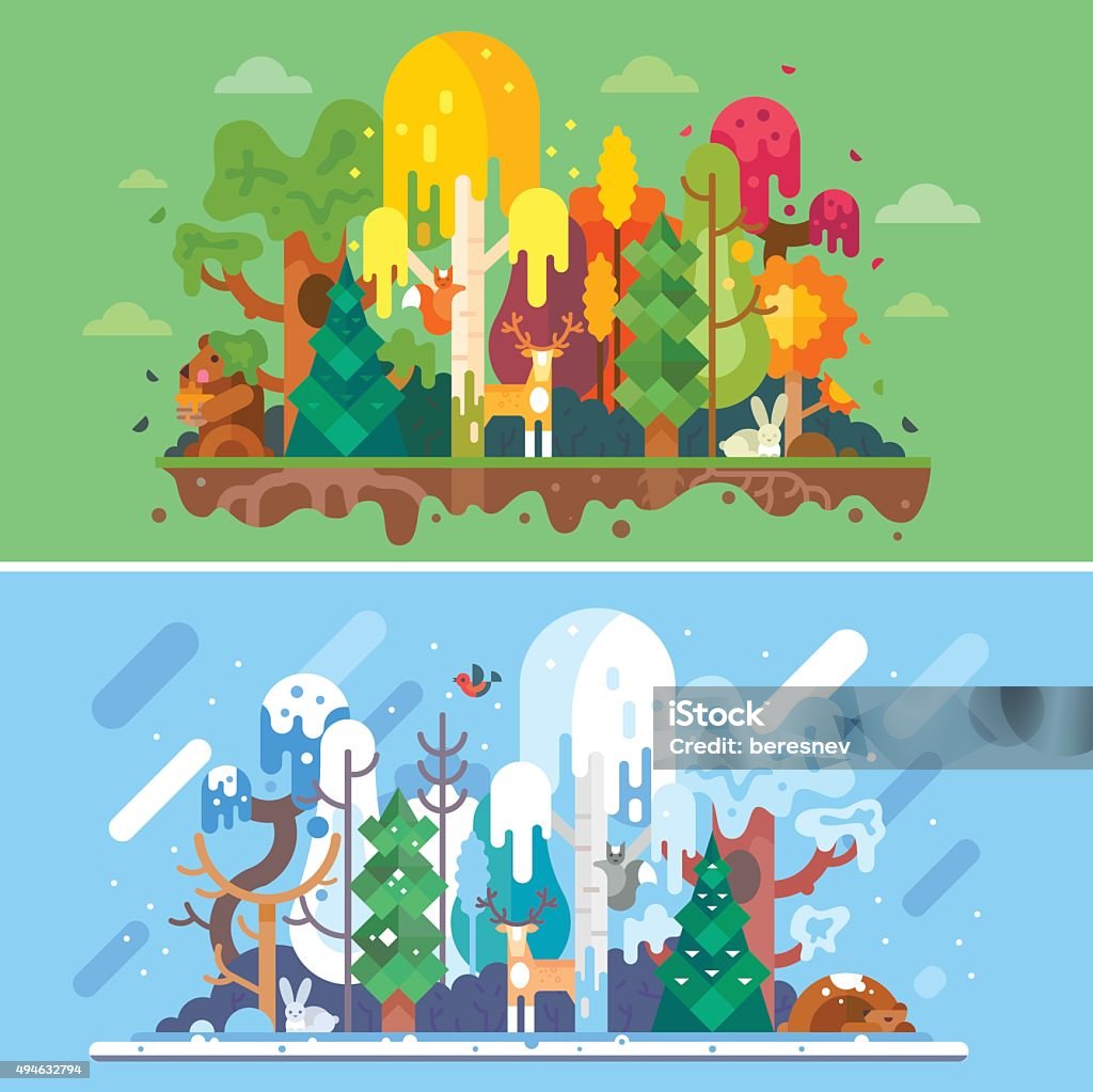 Autumn and winter forest landscapes with same animals. Autumn and winter forest landscapes with same animals. Seasons: autumn trees withs yellow and red-colored leaves, winter snowbound trees, rabbit, hare, bear, squirrel, deer. Flat vector illustration. Animal stock vector