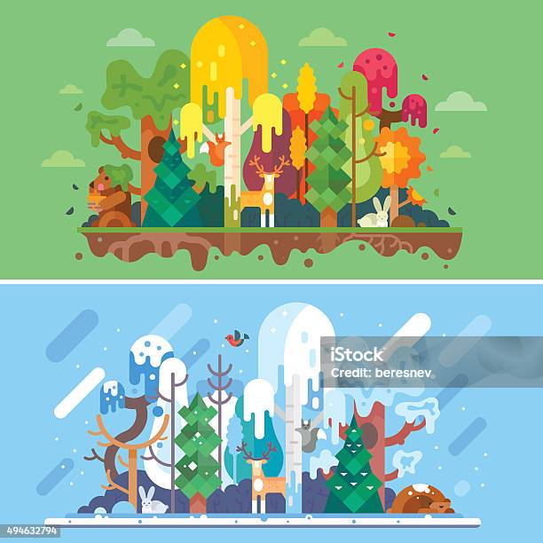 Autumn And Winter Forest Landscapes With Same Animals Stock Illustration - Download Image Now