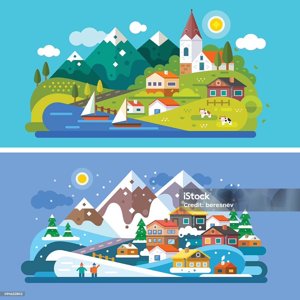 Nice Alps landscapes. Nice Alps landscapes. Mountain and Lake views: chapel, boats on a lake, cows roaming on the alpine meadows, snow mountains, snowboarding people, alpine village, Stock vector illustration flat set. Winter stock vector