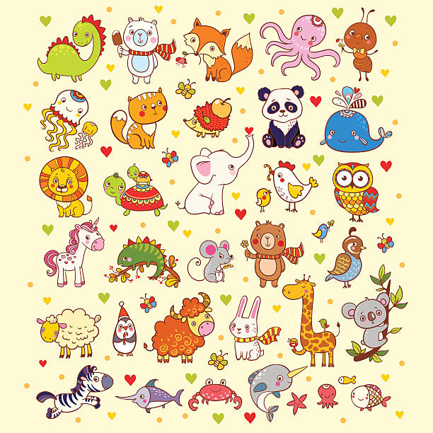 ilustraciones, imágenes clip art, dibujos animados e iconos de stock de linda vector conjunto de animales. - symbol sea animal owl