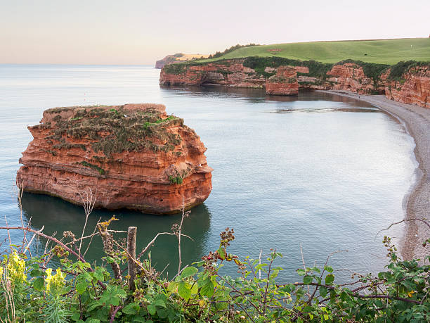 istock Ladram bay with red sandstone pillar, seen from clifftop. Devon, 494640136