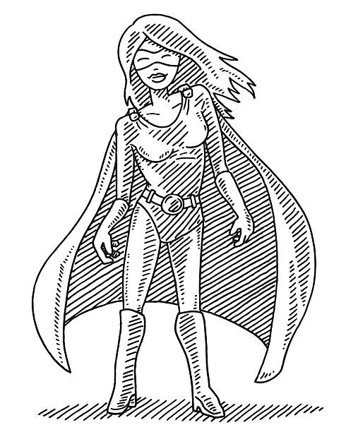 Superhero Woman Character Drawing Hand-drawn vector drawing of a Superhero Woman Character. Black-and-White sketch on a transparent background (.eps-file). Included files are EPS (v10) and Hi-Res JPG. superhero drawings stock illustrations
