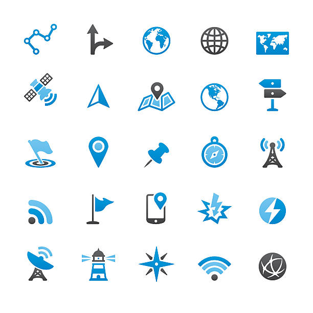 illustrations, cliparts, dessins animés et icônes de de la technologie de navigation et de cartes des icônes vectorielles - global communications directional sign road sign travel