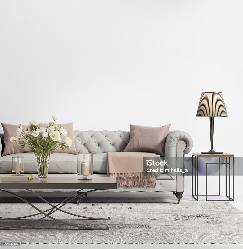Contemporary elegant chic living room with grey tufted sofa Rendering of a Contemporary elegant chic living room with grey tufted sofa Luxury Stock Photo