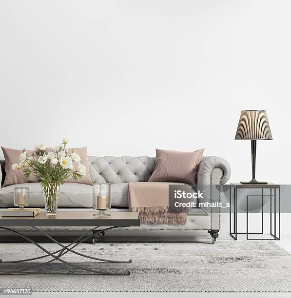 Contemporary Elegant Chic Living Room With Grey Tufted Sofa Stock Photo - Download Image Now