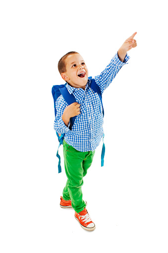 Portrait of a schoolboy with backpack is pointing up. Isolated on a white background