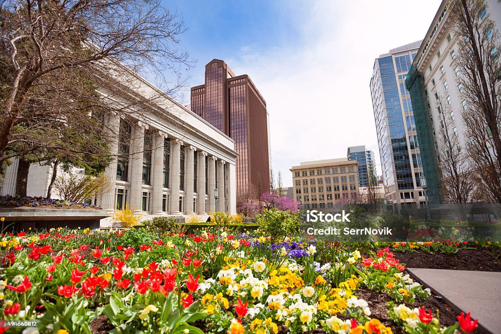 Church of Jesus Christ with flowers during day The Church of Jesus Christ of Latter-day Saints with flowers, USA Salt Lake City - Utah Stock Photo