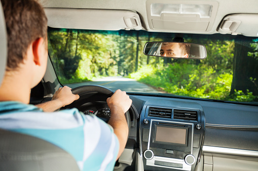 Driving man inside the car with beautiful forest view of Redwood during summer in  California, USA