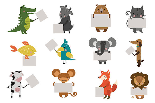 Wild animal zoo with clean plate vector icons set Wild animal zoo strike clean plate board vector cartoon set. Wild vector animals. Jungle animals. Pets silhouette. Vector animals. Fox, lion and monkey. Cat and dog, elephant, crocodile, fish, bear, parrot, cow, goat. Sea, forest animals strike. Vector animals barren cow stock illustrations