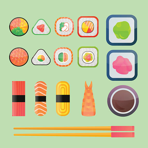 Sushi vector flat icons set Sushi vector flat icons set. Soy sauce, sushi roll. Japanese food sushi icons. Vector cartoon sushi set collection. Sushi vector silhouette, sushi flat modern collection. Sushi restaurant food. Seafood, food, sushi, salmon, roll cartoon of the sushi plate stock illustrations