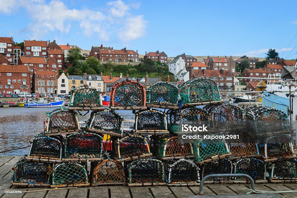Basket for catch lobster on the boardwalk Basket for catch lobster on the boardwalk in Whitby abbey, North Yorkshire, UK Fishing Industry Stock Photo
