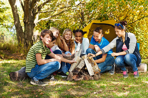 istock Happy teens sett up bonfire together on campsite 494662328