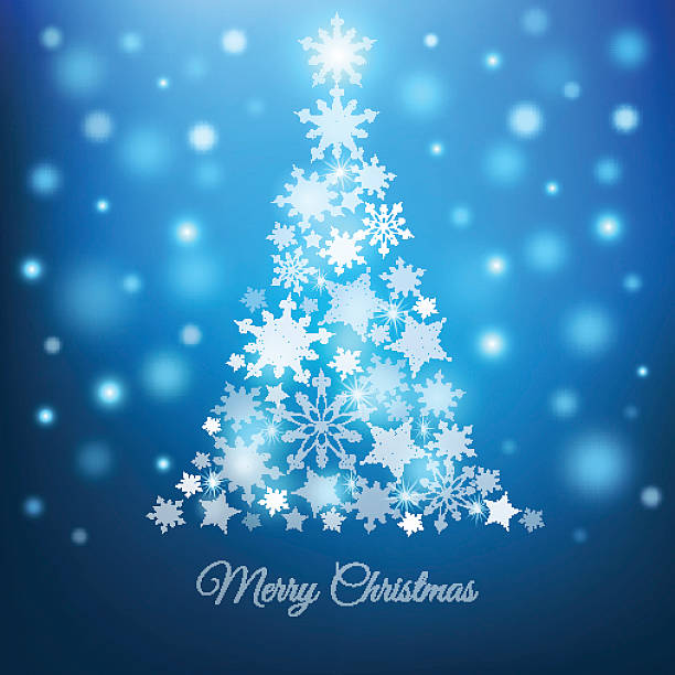 ilustraciones, imágenes clip art, dibujos animados e iconos de stock de mágico árbol de navidad con snowflakes en fondo azul - christmas backgrounds christmas card part of