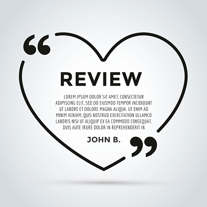 Website review heart quote citation blank template. Website review vector icon. Quote comment template. Quote bubble. Shop customer review template. Circle review template, paper sheet, information, text