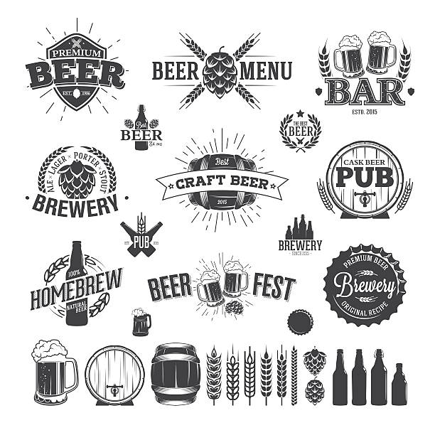 illustrazioni stock, clip art, cartoni animati e icone di tendenza di etichetta birra e loghi - barilotto
