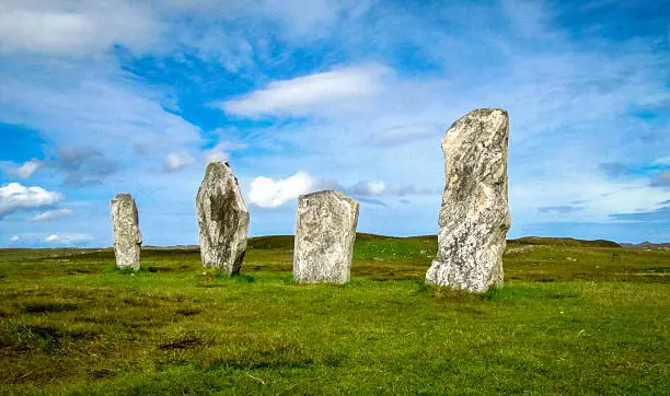 stone circle in Scotland. Calanais stone circle is an extraordinary testament to the skills and determination of the people who lived there over 4000 years ago. The stones where probably moved with rollers, wooden frames and brute strenghts. It was a tremendous investment of time en effort.