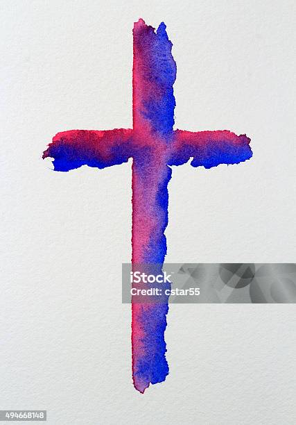 Religious Art Abstract Watercolor Painted Pink And Blue Cross Stock Illustration - Download Image Now