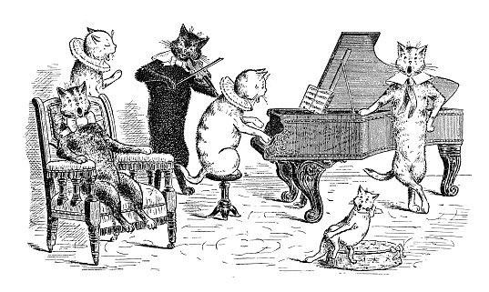 Antique children's book comic illustration: cats orchestra