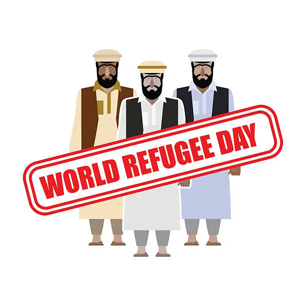 Vector illustration of World refugee day. Expatriates in  Syrian garments. refugee stam