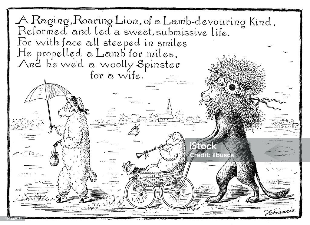 Antique children's book comic illustration: Lion with sheep Engraved Image stock illustration