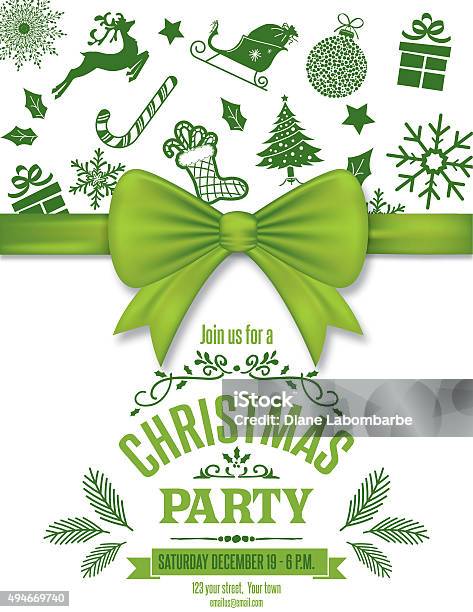 Modelo De Convite De Festa Verde De Natal Com Laço E Ícones - Arte vetorial de stock e mais imagens de Cor verde - iStock Modelo De Convite De Festa Verde De Natal Com Laço E Ícones - Arte vetorial de stock e mais imagens de Cor verde - iStock