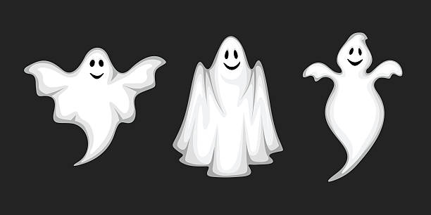 ilustraciones, imágenes clip art, dibujos animados e iconos de stock de set of ghosts aislado en negro. ilustración vectorial. - fantasma