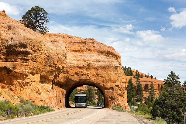 RV Red Canyon Tunnel Utah stock photo