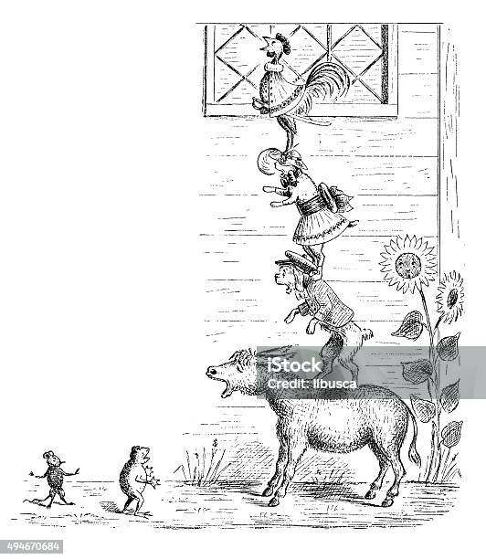 Antique Childrens Book Comic Illustration Animals Ladder Stock Illustration - Download Image Now