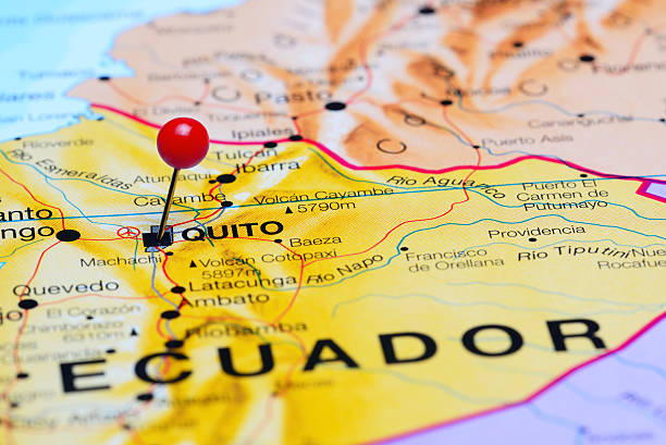 Quito pinned on a map of America Photo of pinned Quito on a map of South America. May be used as illustration for traveling theme. quito photos stock pictures, royalty-free photos & images