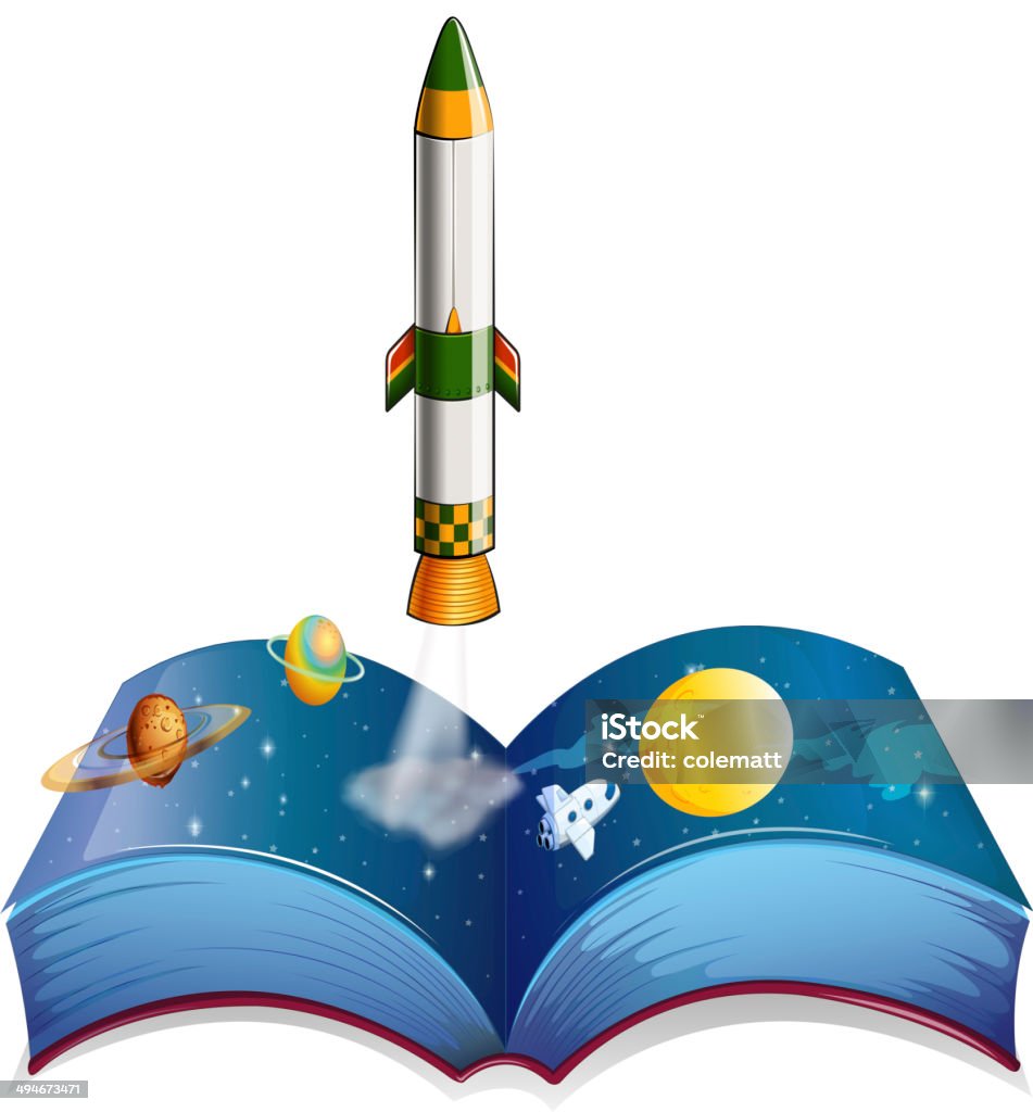 Book with planets and a rocket Illustration of a book with planets and a rocket on a white background Air Vehicle stock vector