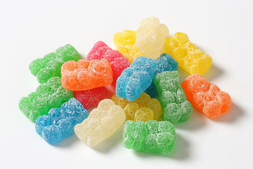 Gummy bears coated in granulated sugar