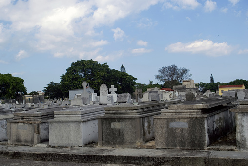 Havana, Cuba - January 28, 2014: Cristobal Colon Cemetery in Havana is a free outdoor exhibition of arts. Most of the tombs are carved carefully, some of them are real masterpieces. Prominent people of Cuban history are buried here.