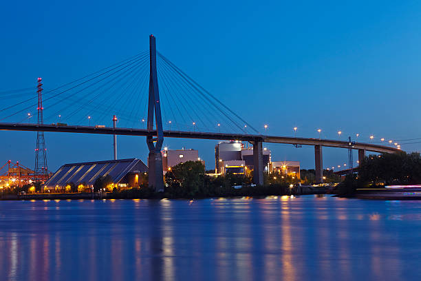 istock Hamburg - Koehlbrand Bridge in the evening 494675985