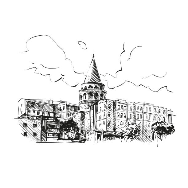wieża galata rysowanych ręcznie, ilustracja wektorowa - wieża galata stock illustrations