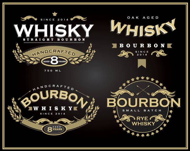 ilustraciones, imágenes clip art, dibujos animados e iconos de stock de conjunto de cuatro diseños de etiquetas y bourbon whisky - whisky