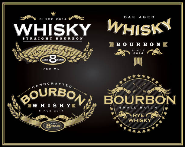 illustrations, cliparts, dessins animés et icônes de ensemble de quatre motifs et de bourbon whisky label - whisky