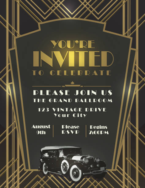 Art Deco car style vintage invitation design template Art Deco style vintage invitation design template gatsby stock illustrations