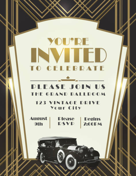 Classic car and Art Deco style vintage invitation design template Art Deco style vintage invitation design template cityscape borders stock illustrations
