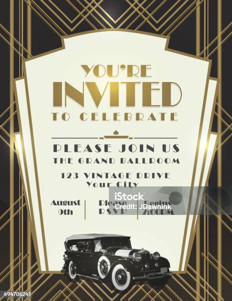 Classic Car And Art Deco Style Vintage Invitation Design Template Stock Illustration - Download Image Now