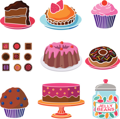 A vector illustration of various sweet shop confections and candies.