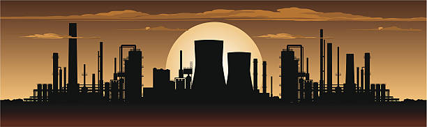 illustrazioni stock, clip art, cartoni animati e icone di tendenza di fabbrica panorama di notte - petrochemical plant oil refinery factory outdoors