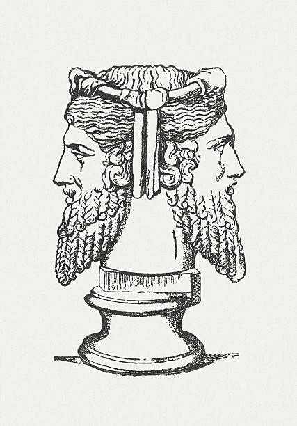 Janus, ancient roman god, wood engraving, published in 1881 Janus, the god of beginnings and transitions in ancient Roman religion and mythology. Woodcut engraving after an ancient statue in the Vatican Museums, published in 1881. janus head stock illustrations